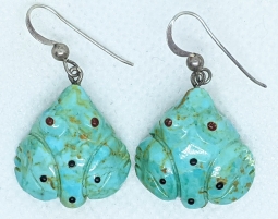 Rare Old Zuni Frog Fetish Earrings in Turquoise & Jet with Red Agate Eyes